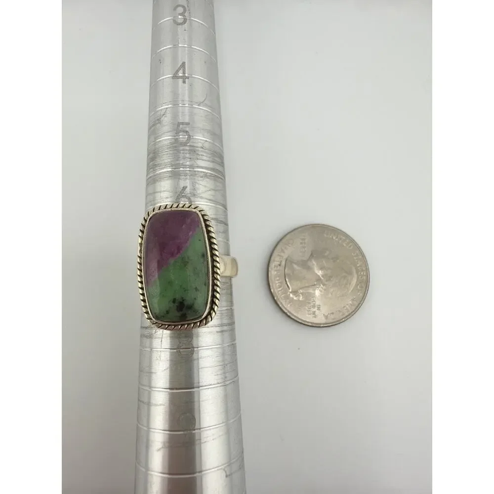 Rectangular Ruby-Zoisite Twisted Rope Border 925 Sterling Silver Ring Size 7